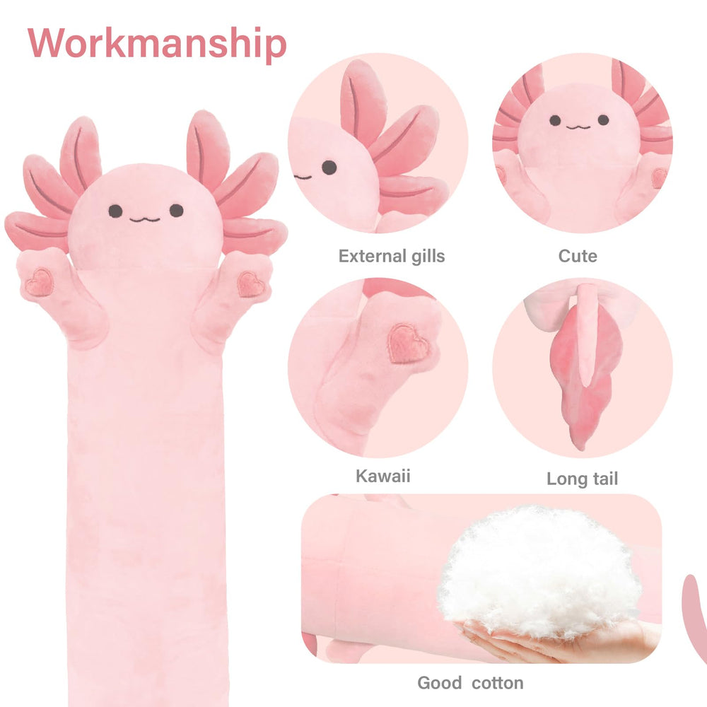 YUNCOL pink axolotl plush close-up shows plush texture and sweet facial expression for comfort.