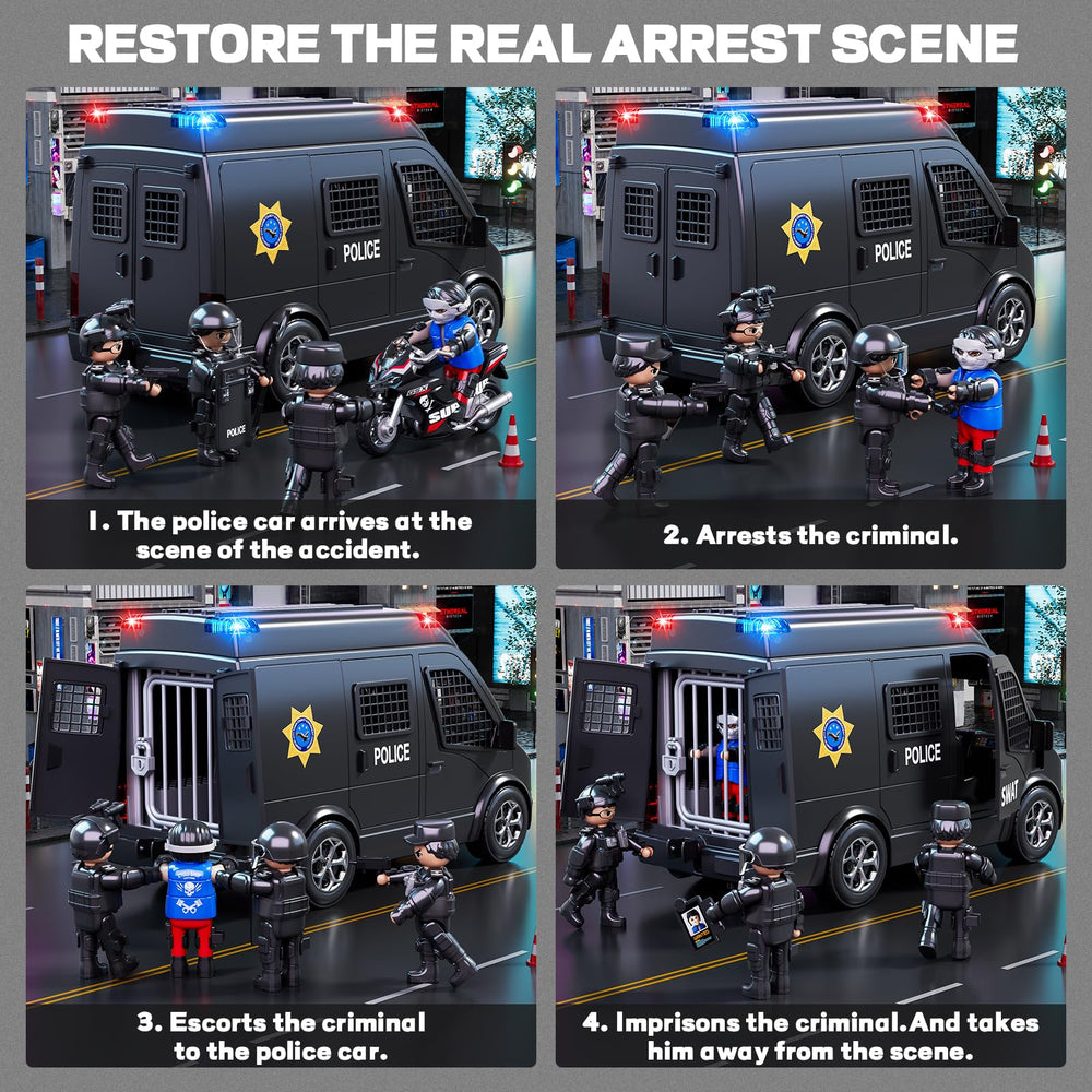 YunWings police car toy doors and steering wheel encourage hands-on exploration.