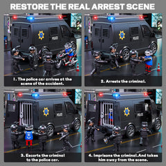 YunWings police car toy doors and steering wheel encourage hands-on exploration.