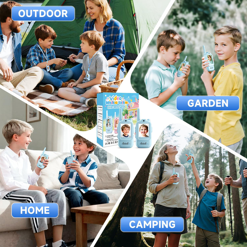 YUSSBCU video walkie talkie blue ergonomic grip fits children's hands.