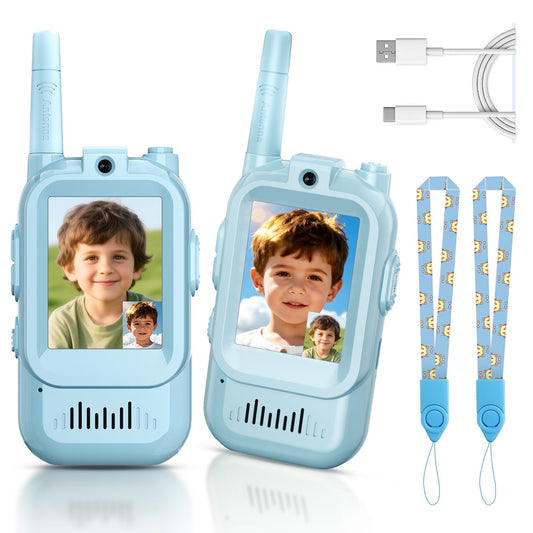 YUSSBCU video walkie talkie blue, front view for family play and clear video calls.