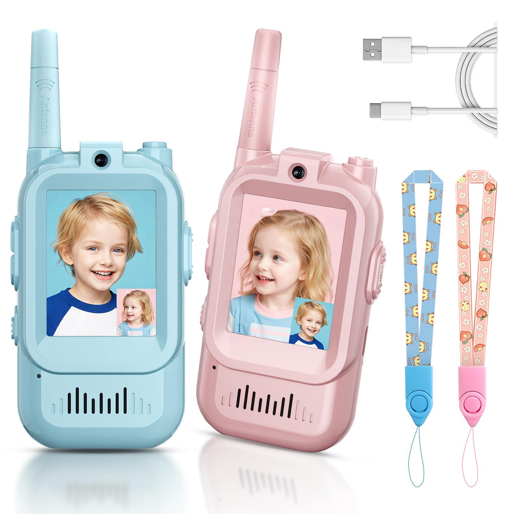 YUSSBCU video walkie talkies blue pack front: clear video call for outdoor play