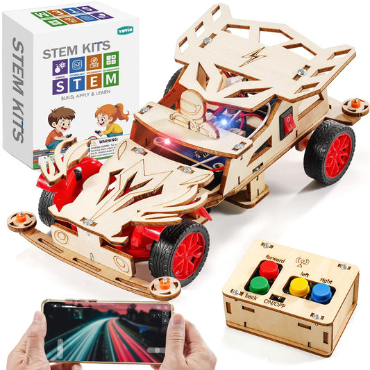 Yutin wooden RC car kit parts laid out for simple assembly