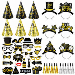 YVAINE New Year’s Eve cone hats in black and gold for festive celebrations.