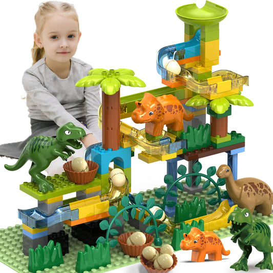 YY LANDTOYS dinosaur marble run track shown in bright colors for engaging marble races and imagination.