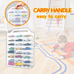 Two longer slots fit longer items or two cars in one bay.