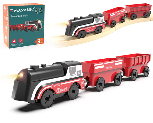 Z MAYABBO battery-operated train headlight lights up imaginative play on wooden tracks.
