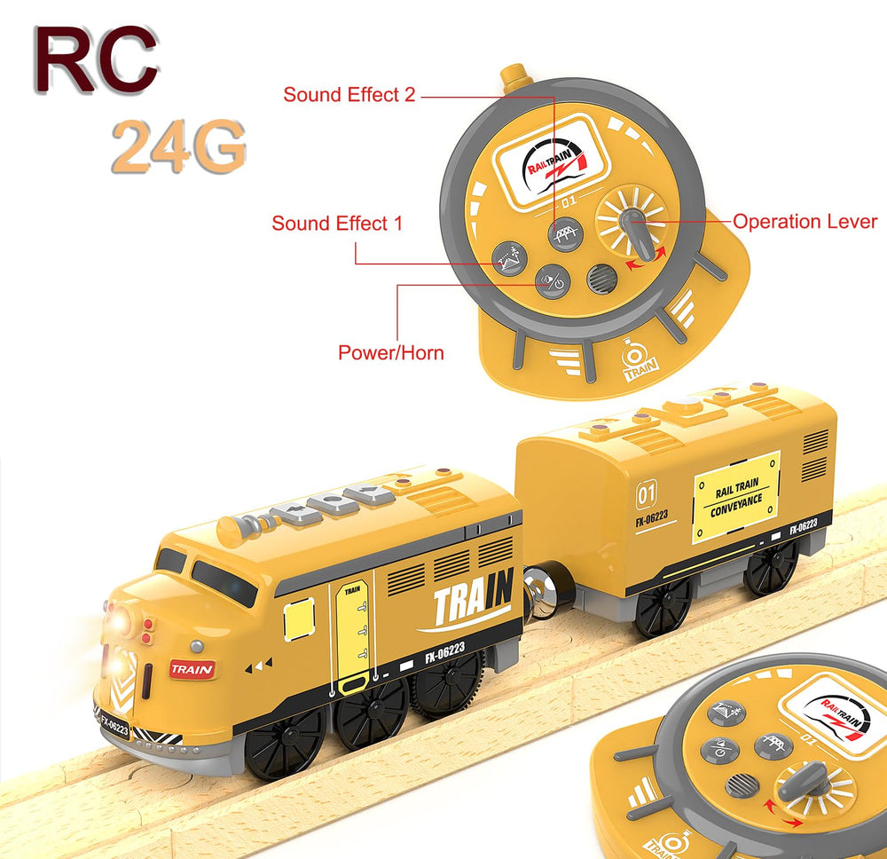 Z MAYABBO motorized train with cargo cars showing magnetic coupling for simple reconfigurations.