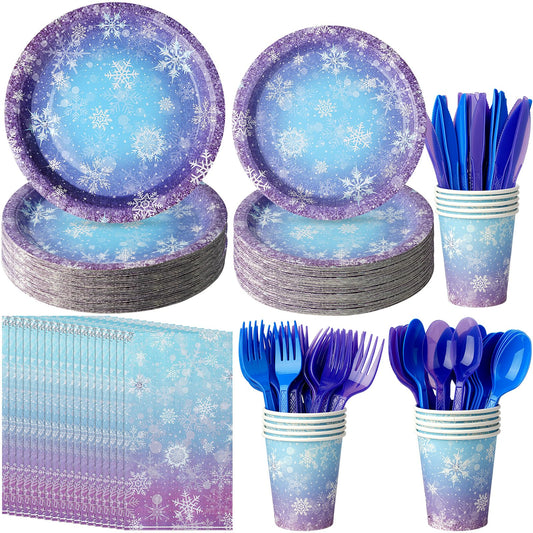 Zachely snowflake 7-inch plates on a blue-purple gradient for festive tables.