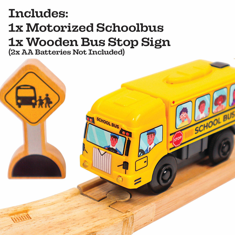 Zany Trains motorized school bus side profile showing smooth rolling play along tracks.