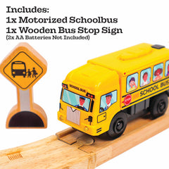 Zany Trains motorized school bus side profile showing smooth rolling play along tracks.