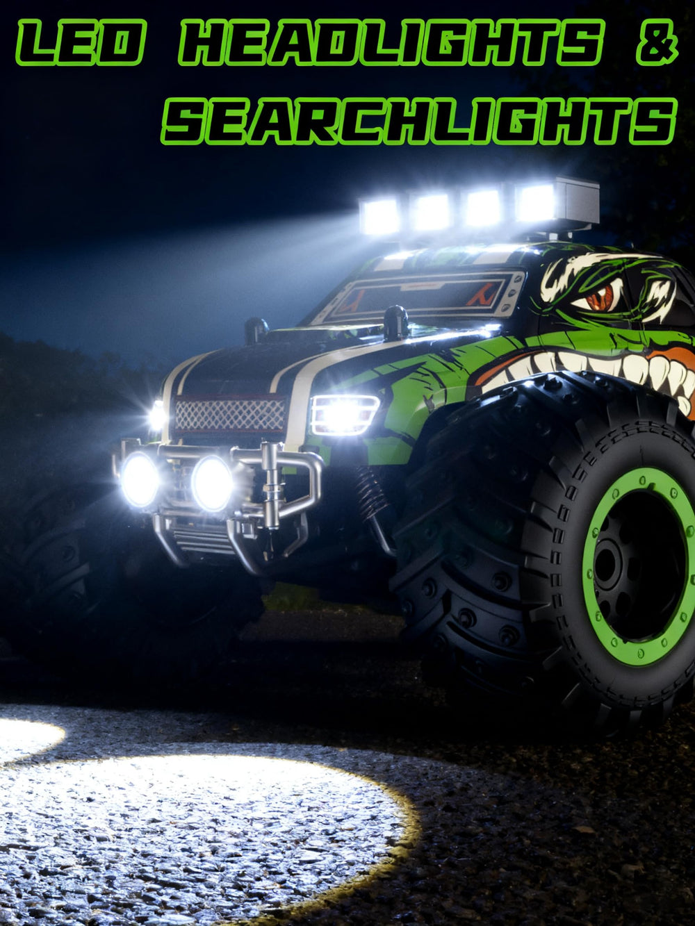Zappido RC car night headlights illuminate trails for dusk play.