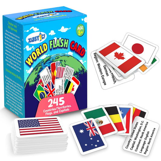 Zastic! World Flags flashcards close-up shows vivid flags for hands-on learning.