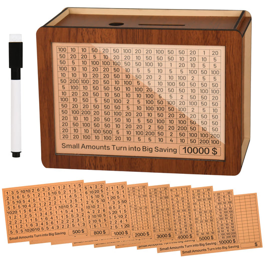 Zayeemi 10000 Kakeibo wooden money box front view promotes goal-based saving.