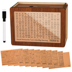 Zayeemi 10000 Kakeibo wooden money box front view promotes goal-based saving.
