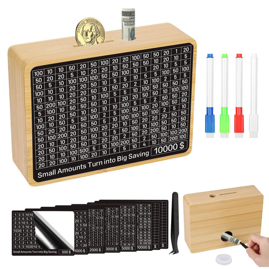 Zayeemi money-saving-box wooden front view highlights durable log construction.