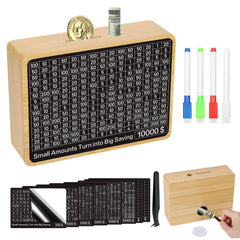 Zayeemi money-saving-box wooden front view highlights durable log construction.