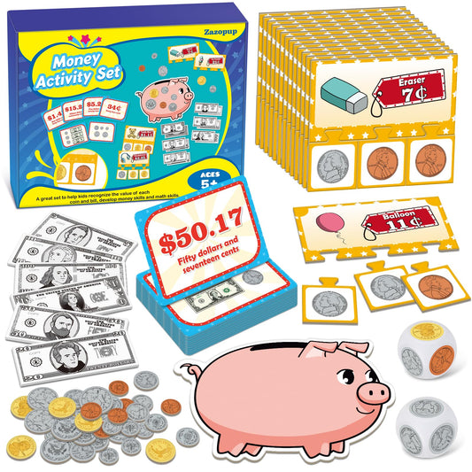 Zazopup play money with bills and coins for classroom learning