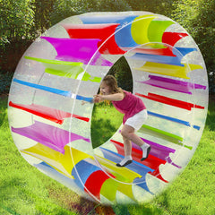 Kids safely play inside the clear wheel with soft corners.