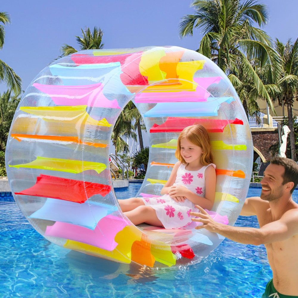 Zcaukya giant water wheel with transparent shell and vibrant stripes for sunny pool visuals.
