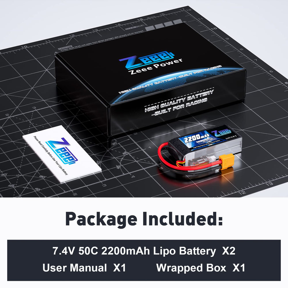 Two-pack Zeee 7.4V 50C 2200mAh LiPo batteries with XT60 connectors included.