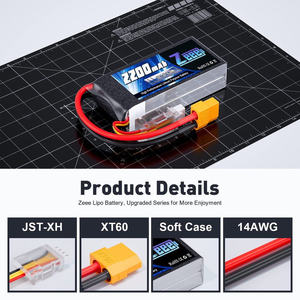 Zeee 2S 2200mAh Lipo battery weighs 98g for balanced weight in RC setups.