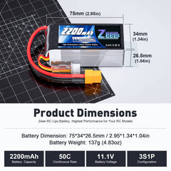 Zeee 3S 2200mAh battery compact size 75x34x26.5 mm fits tight RC spaces.