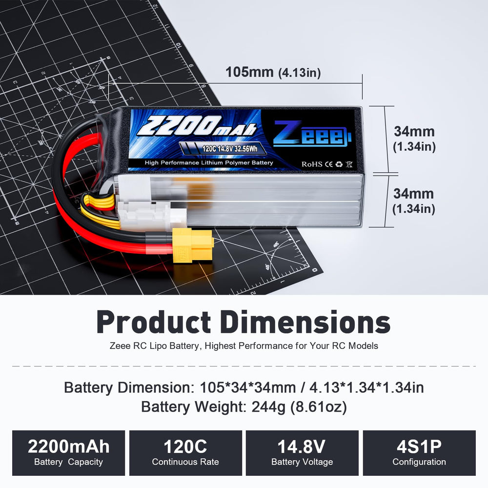Zeee 4S LiPo closeup highlighting XT60 plug for quick, reliable connections.