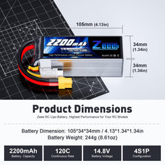 Zeee 4S LiPo closeup highlighting XT60 plug for quick, reliable connections.