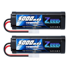 Zeee 7.2V 5000mAh NiMH battery with Tamiya plug, side view showing compact 6-cell pack for RC power