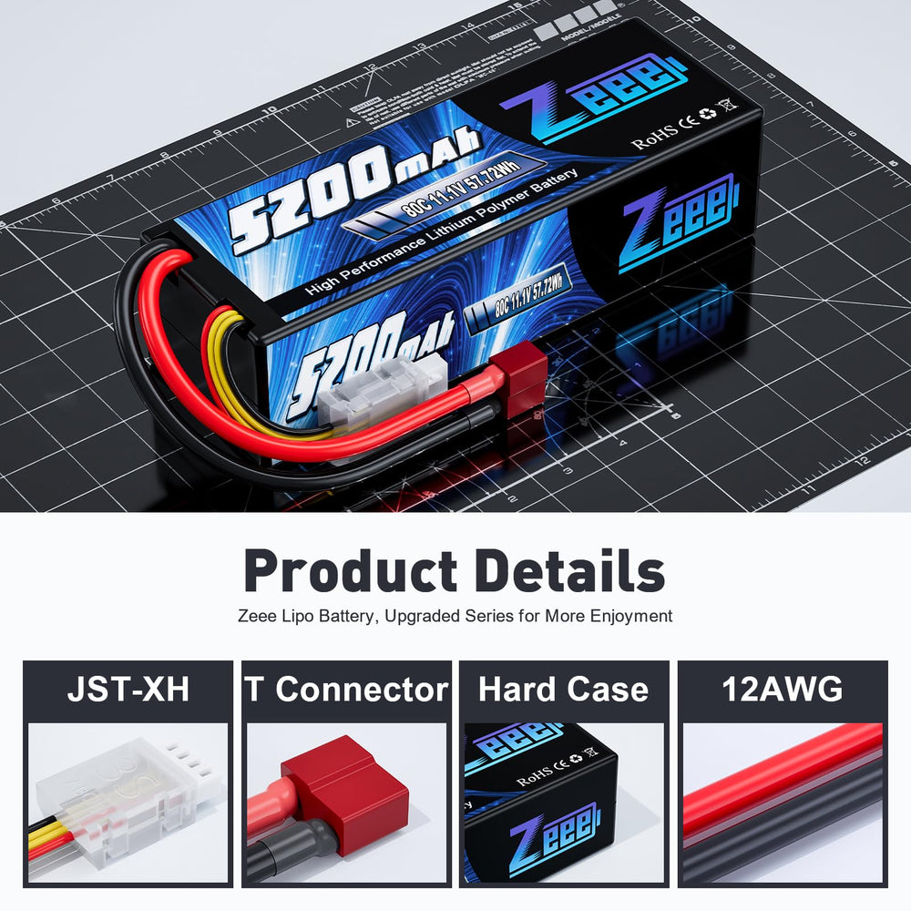 Zeee T-connector LiPo battery close-up showing a reliable plug for fast connect.