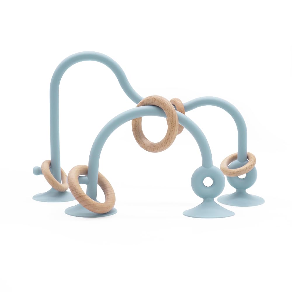 Zeeloopbee high chair suction toy in dusty blue securely attaches to trays for uninterrupted play