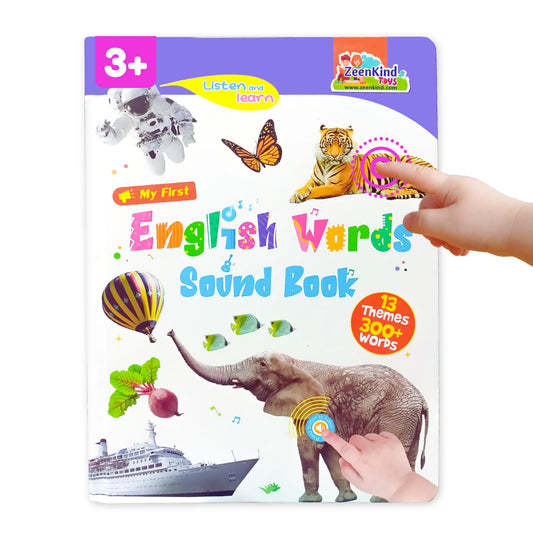 ZeenKind English Learning Talking Book front view showing interactive words and friendly design.