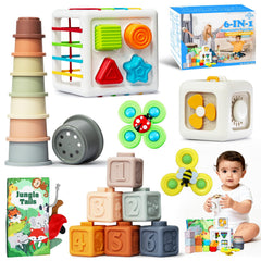 Zelvia Busy Cube toy with bright blocks to boost fine motor skills.