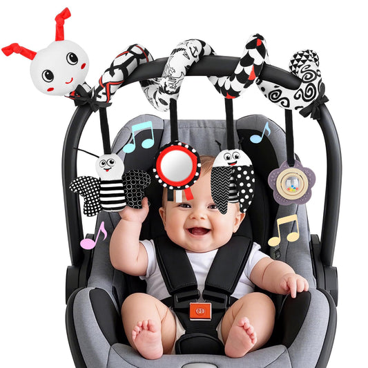 Zendstanding car seat toys with high-contrast spiral pendants for newborn visual engagement.