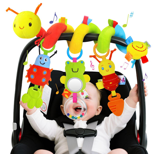 Zendstanding spiral caterpillar toy on carseat boosts sensory exploration during travel