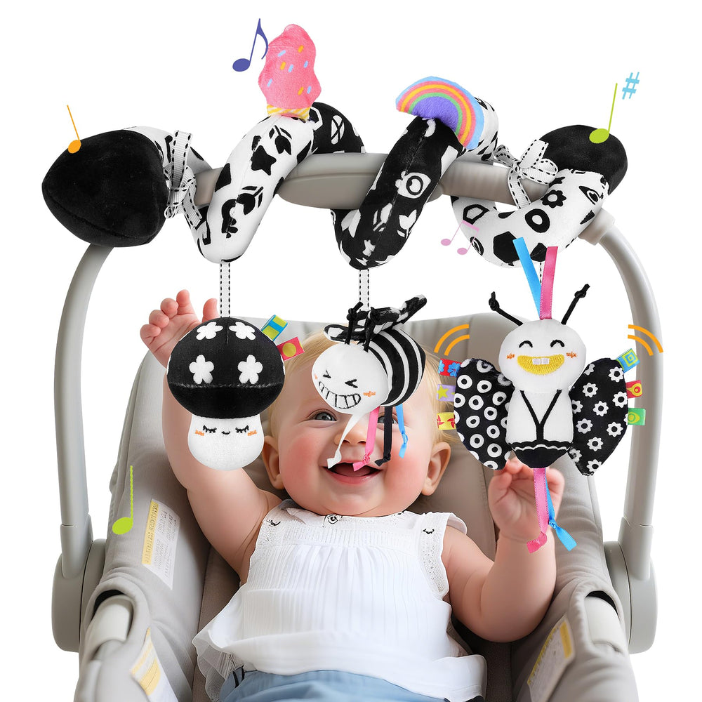 Zendstanding spiral toy with high-contrast patterns to engage newborn visual development during strolls
