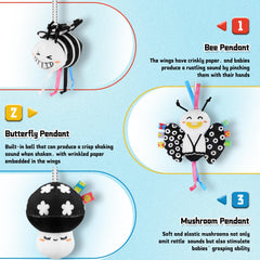 Zendstanding jingling butterfly on spiral toy with bells and crinkle paper for varied sounds
