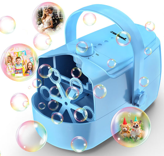 Zerhunt bubble machine at outdoor party creates bright bubbles for fun.