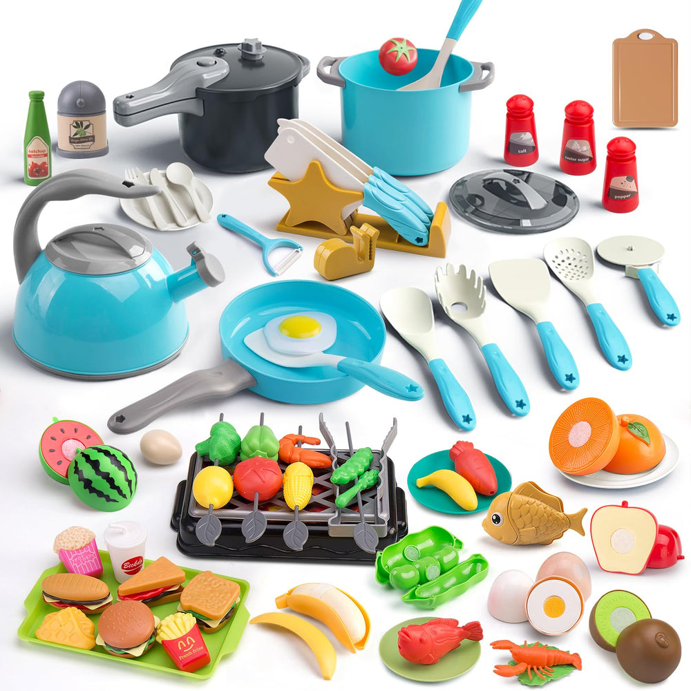 Zero Zoo 105Pcs turquoise kitchen setup encourages imaginative play and role-play cooking.