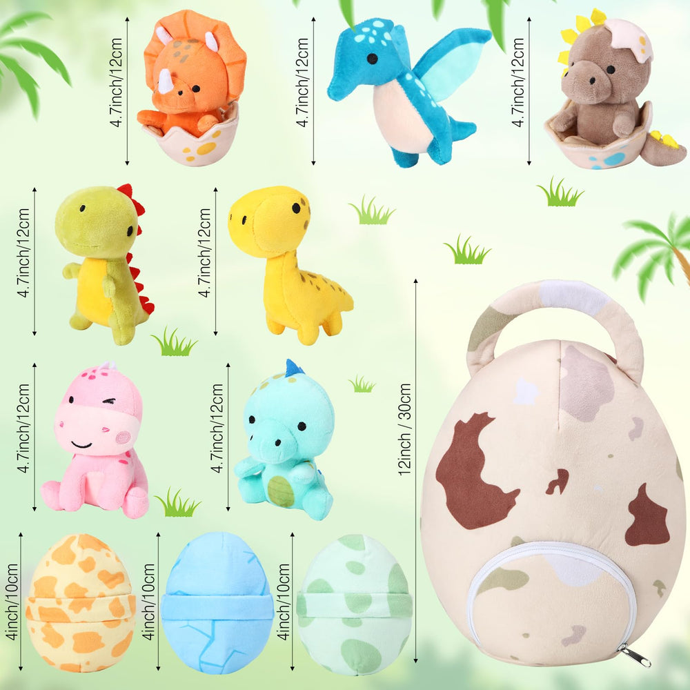 Zhanmai dinosaur plush set with large egg pack for decorative shelves.