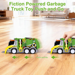 ZHFUYS garbage truck toy dump-function view with open cabin and rear bin for interactive dumping.