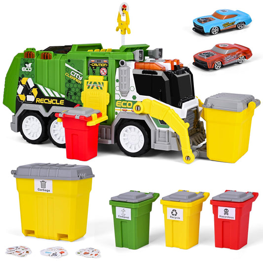 ZHFUYS garbage truck toy front view with realistic headlights for immersive play.