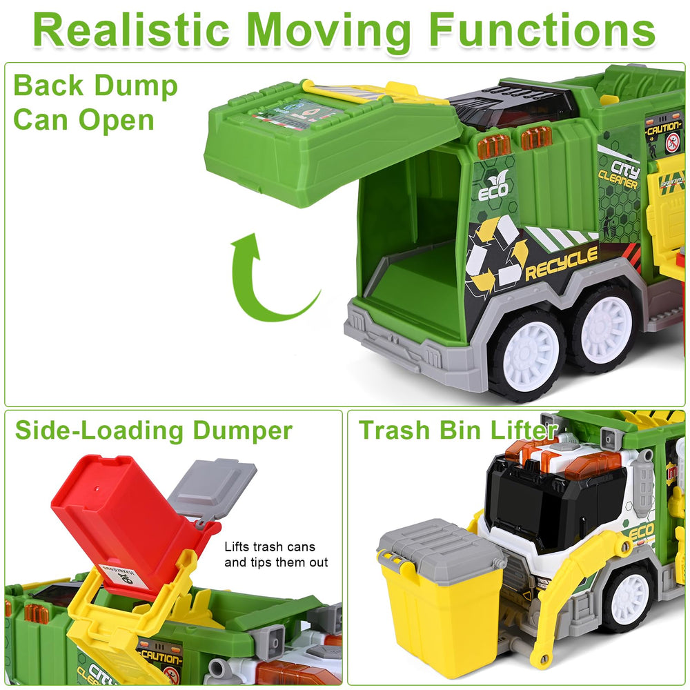 ZHFUYS garbage truck toy side-lift showing interactive sorting play.