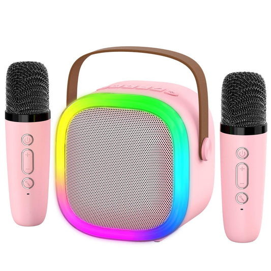Zicor karaoke machine with two mics and LED lights for kids' singing sessions.