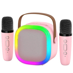 Zicor karaoke machine with two mics and LED lights for kids' singing sessions.