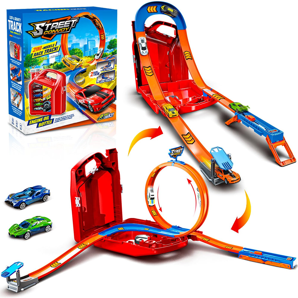 Zikhoobusik race track set with two cars on a red layout for active play