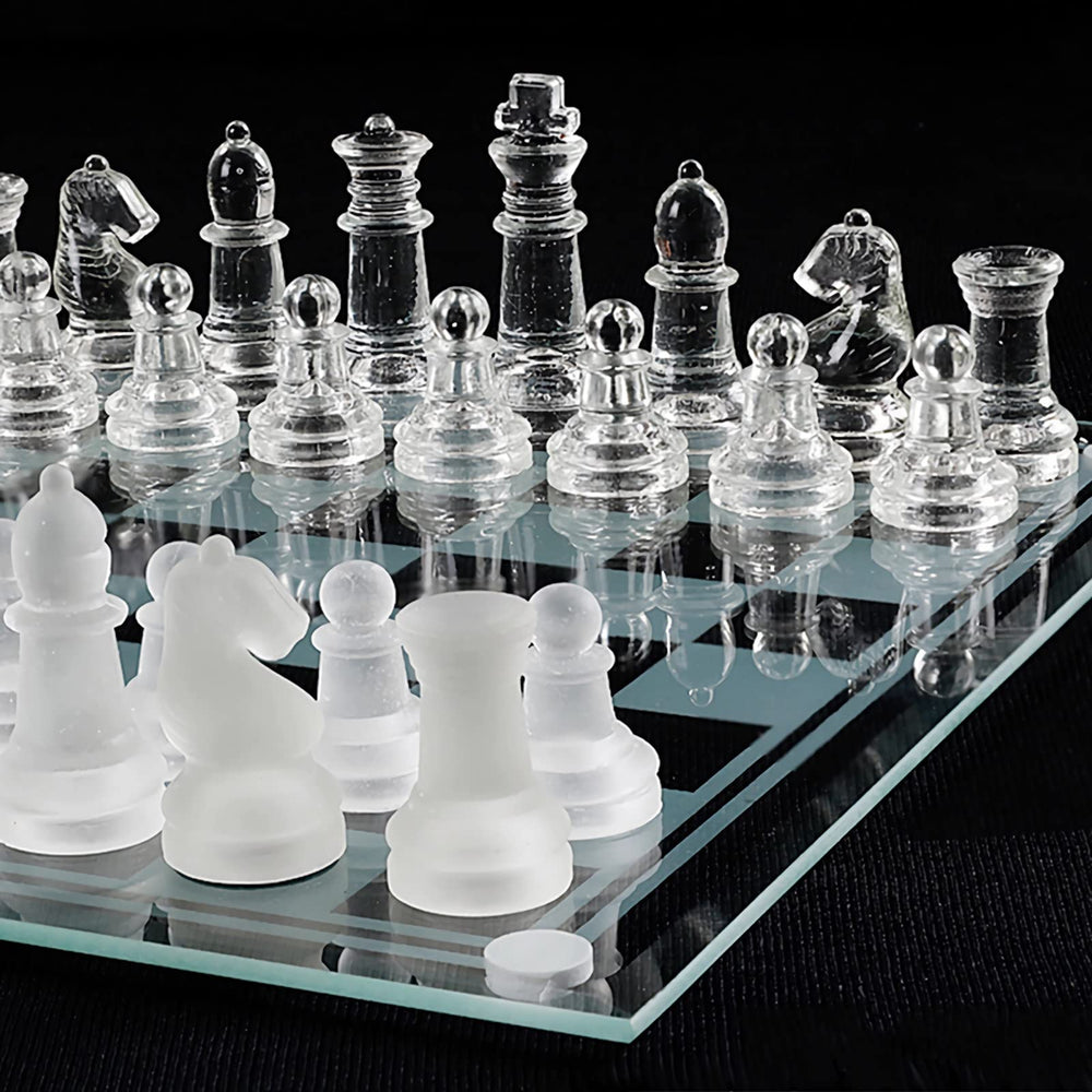 Ziphia Elegant 10-Inch Glass Chess Set centerpiece enhances table decor.