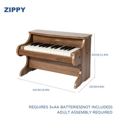 ZIPPY walnut wood piano front view highlights retro design.