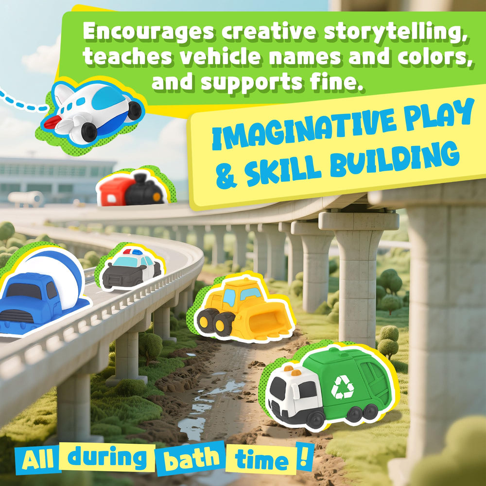 Zippytots imaginative play with colorful vehicles promotes early learning during tub adventures
